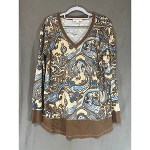 Weekend Suzanne Betro Womens Large Blue Brown Paisley V-Neck Long Sleeve Top